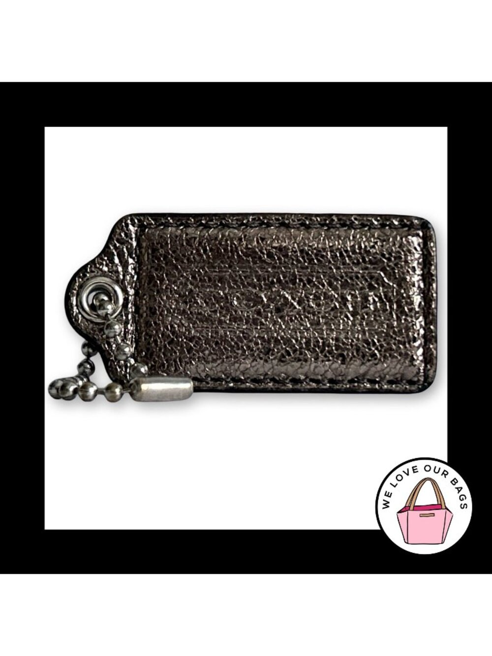 COACH POPPY HANG TAG 2.5" Gray Bronze Crackle Leather Bag Charm Keychain Fob